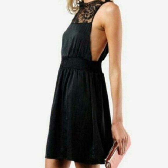 Free People Tea For Two Black Cocktail Lace Neck Mini Dress LG - Picture 4 of 8